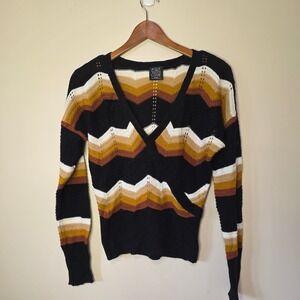 FCT WITH LOVE Sweater Women Medium Black Chevron Boho Pointelle V-Neck J4M2177S
